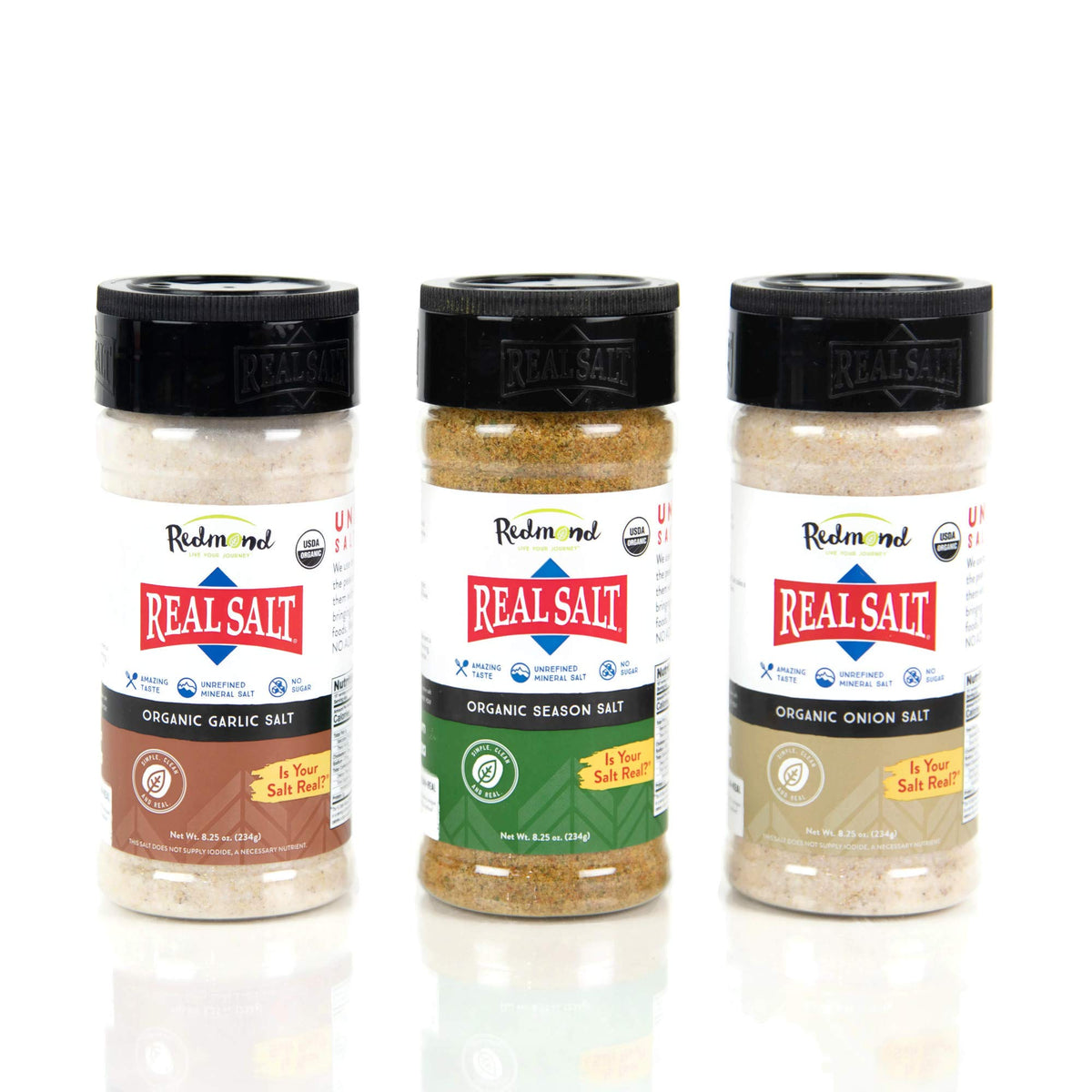 Redmond Real Sea Salt bottle pouring, enhances meals with natural sweetness