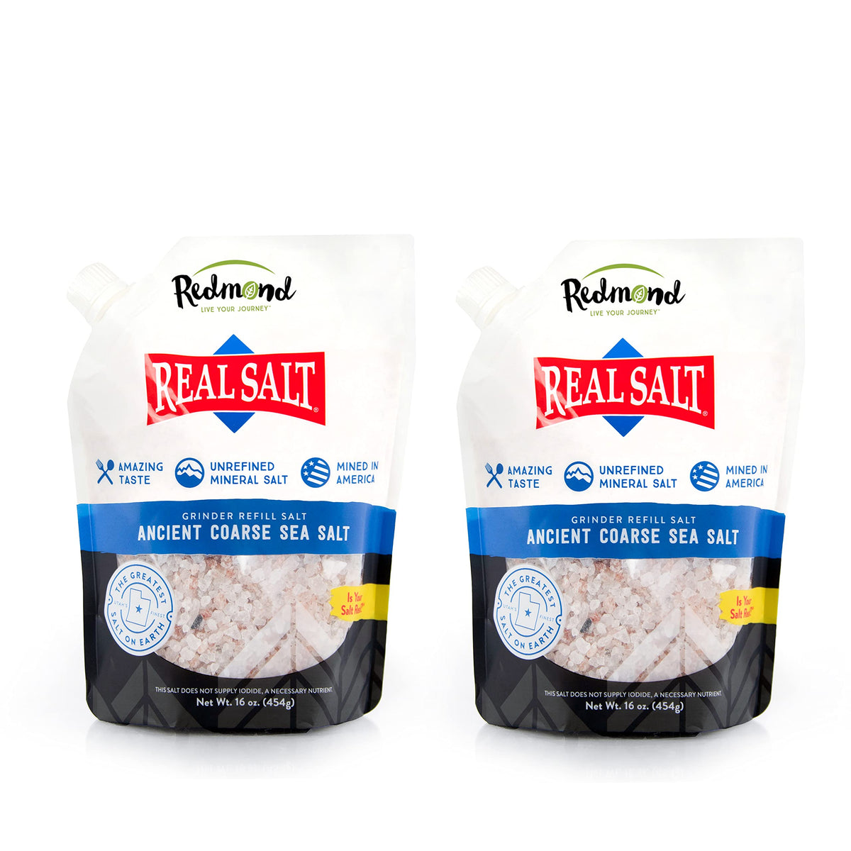 Redmond Real Sea Salt coarse pouch 2-pack ready for everyday seasoning.