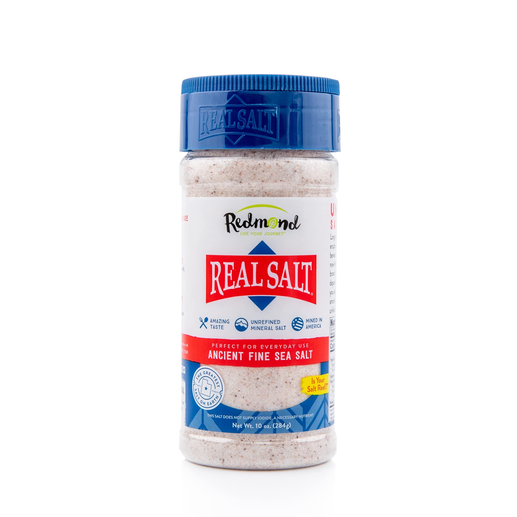 Redmond Real Sea Salt fine shaker front, additive-free seasoning with natural minerals for everyday cooking.