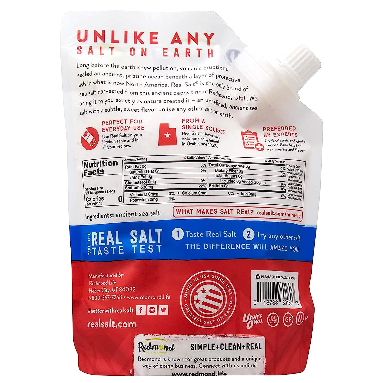 Redmond Real Sea Salt label close-up showing gluten free and kosher certification