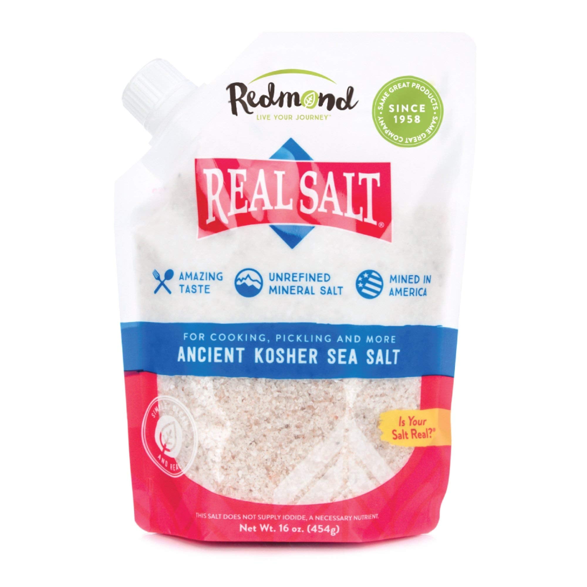 Redmond Real Sea Salt pouch front showing natural unrefined seasoning for everyday cooking