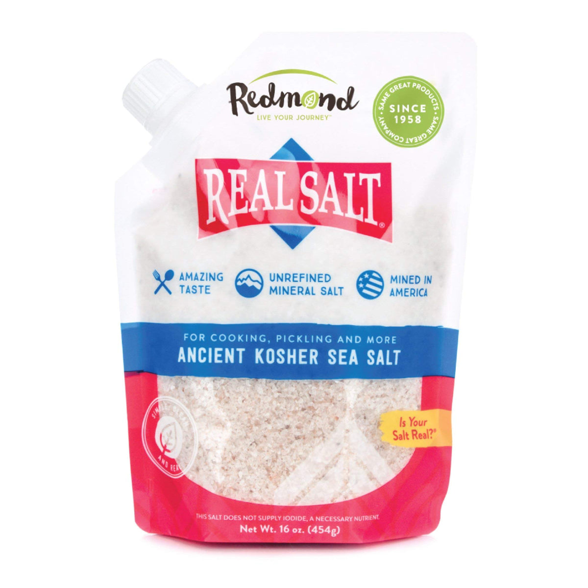 Redmond Real Sea Salt pouch front showing natural unrefined seasoning for everyday cooking