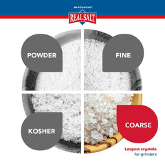 Redmond Real Sea Salt refill pouch and shaker, convenient for pantry storage.