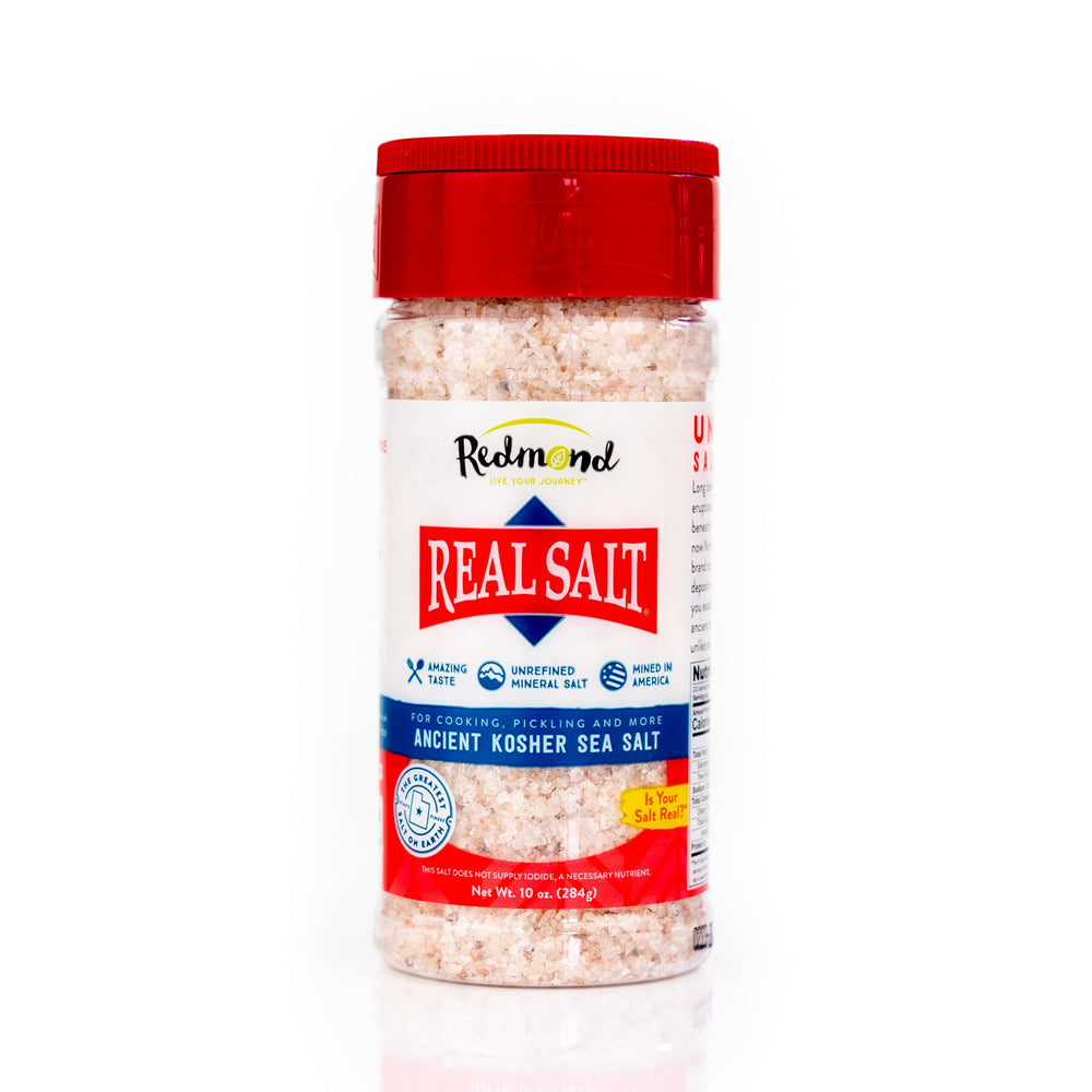 Redmond Real Salt shaker 10 oz on kitchen counter for everyday seasoning