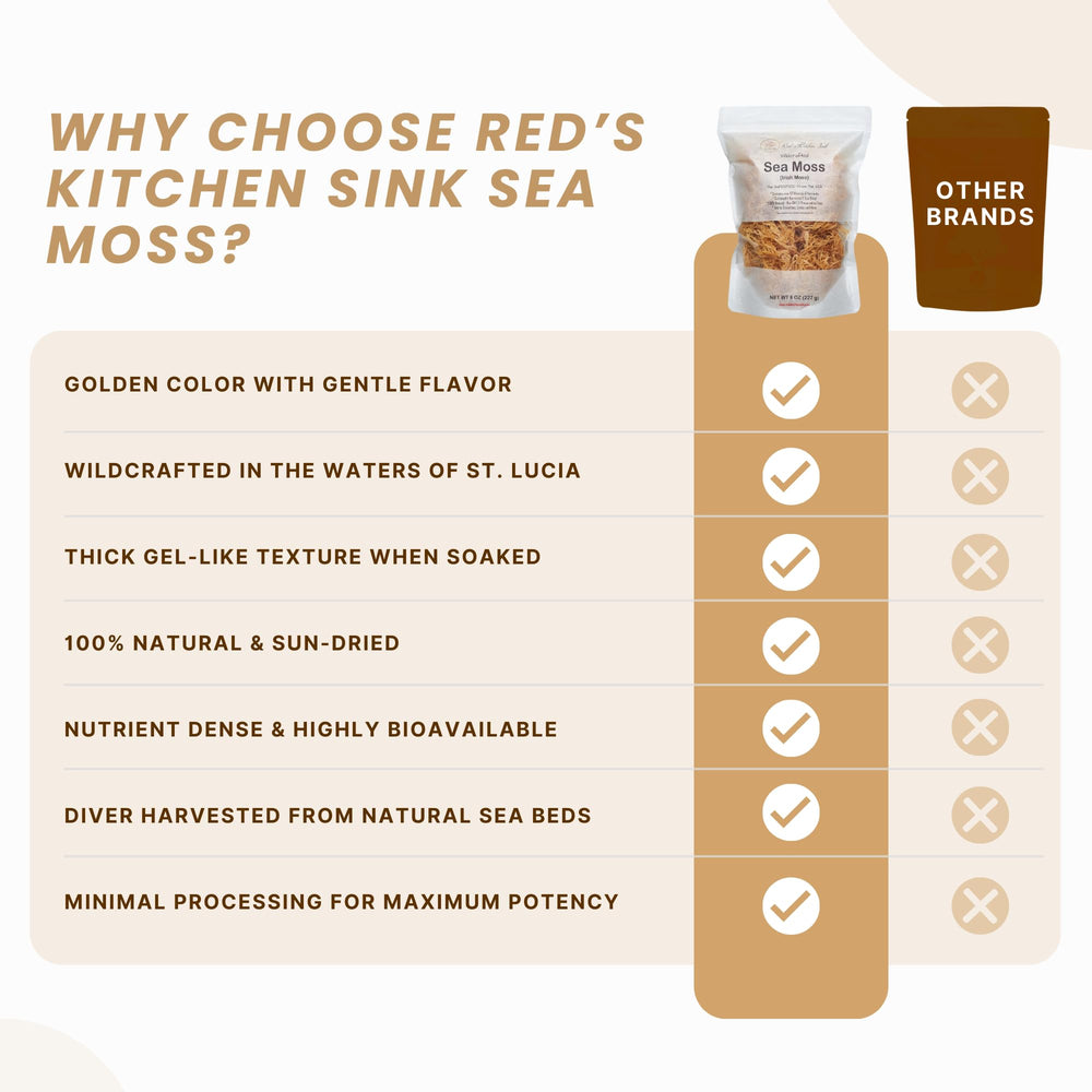 Red's Kitchen Sink Irish Sea Moss served in cup suggests easy incorporation into drinks
