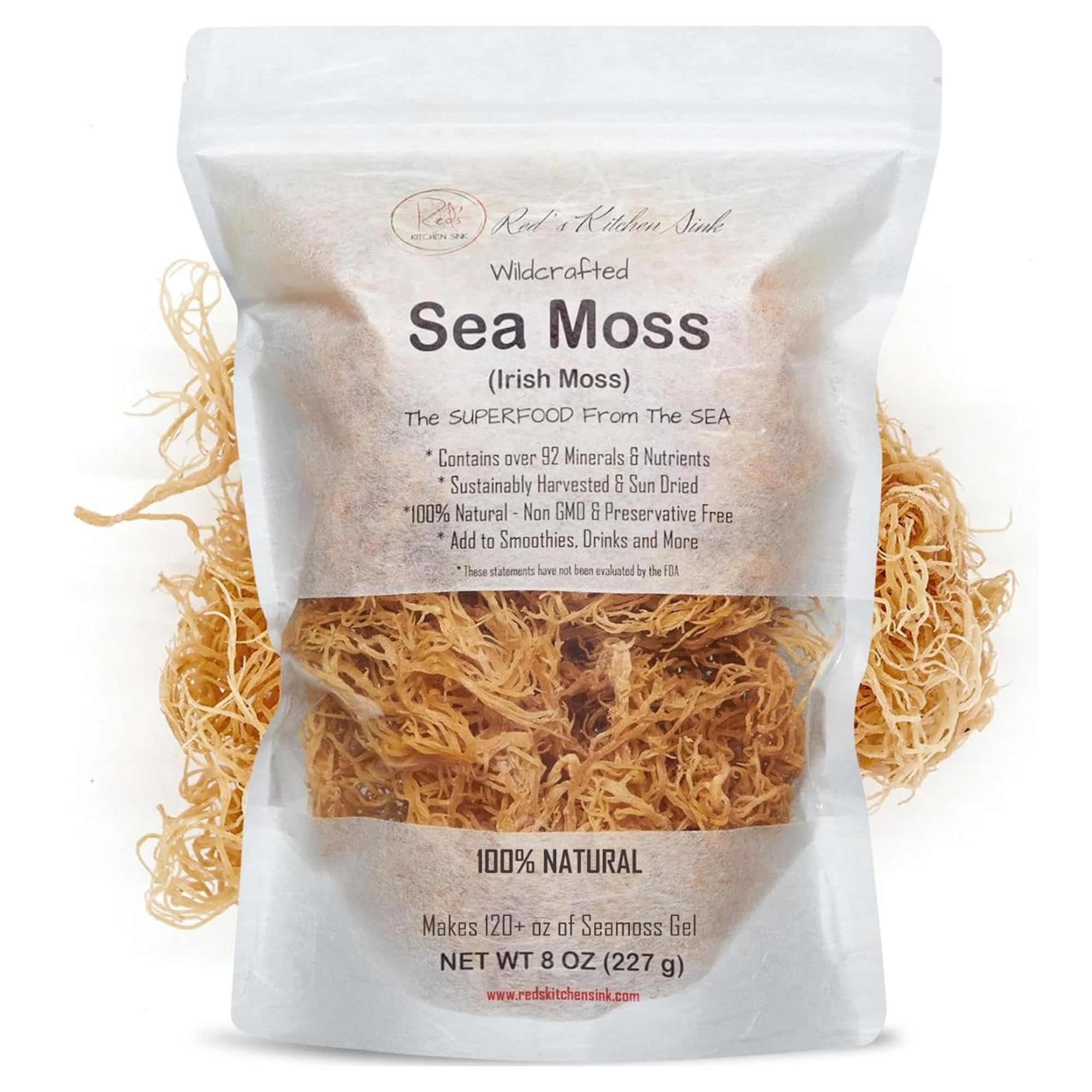 Red's Kitchen Sink raw gold sea moss from St. Lucia ready for nutrient-rich gel.