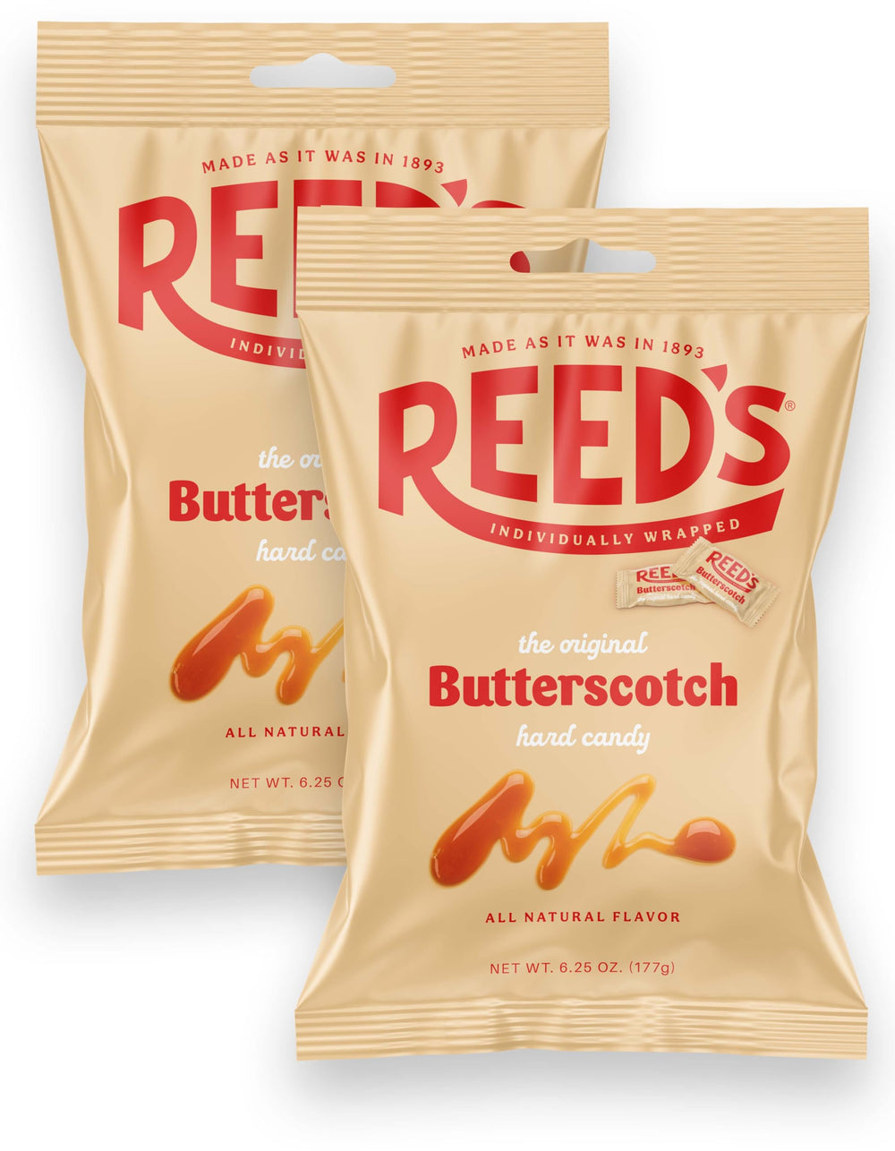 Reed's butterscotch candy bag showing 6.25oz, ideal for sharing at gatherings.