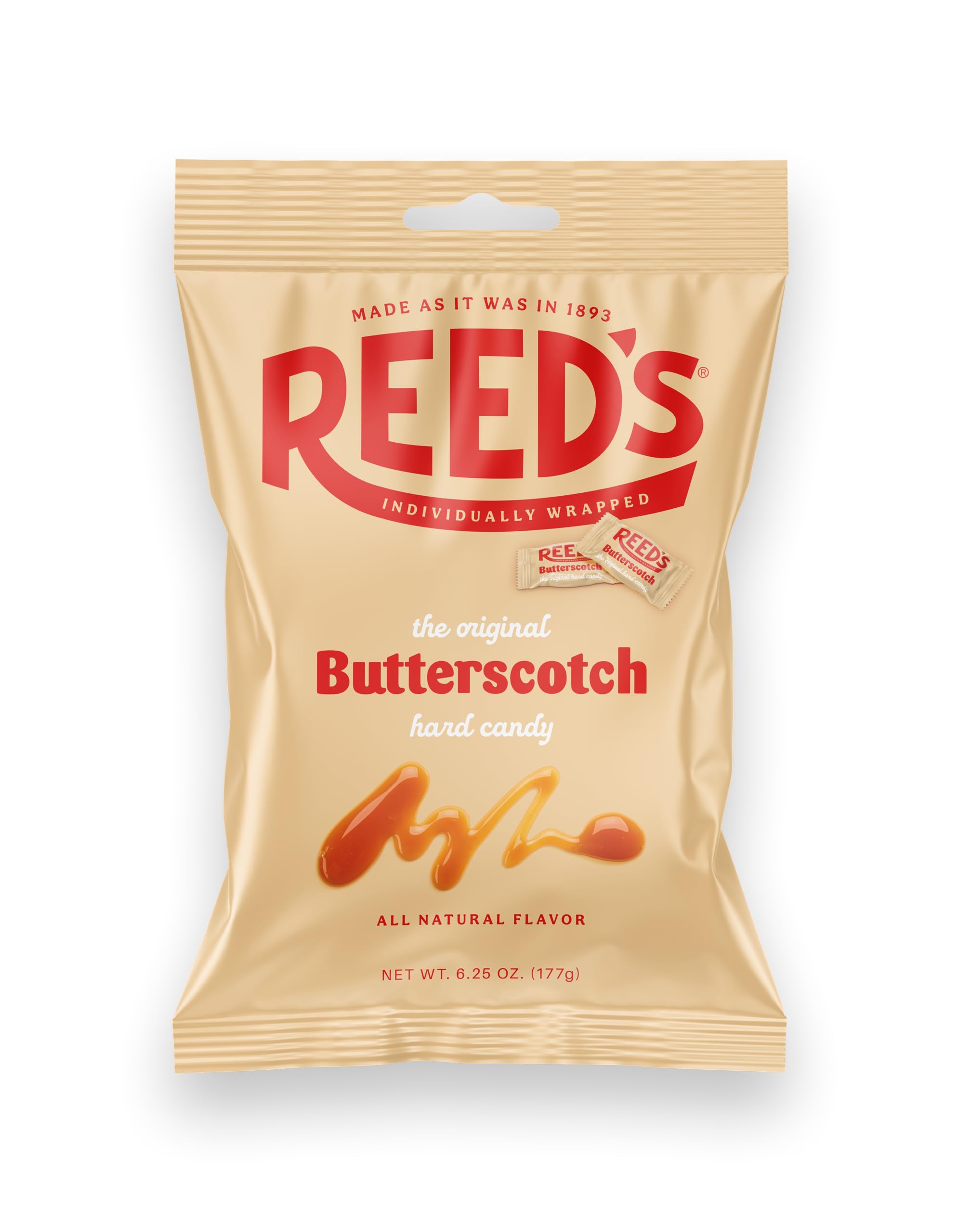 Reed's butterscotch candy close-up, individually wrapped for freshness on the go.