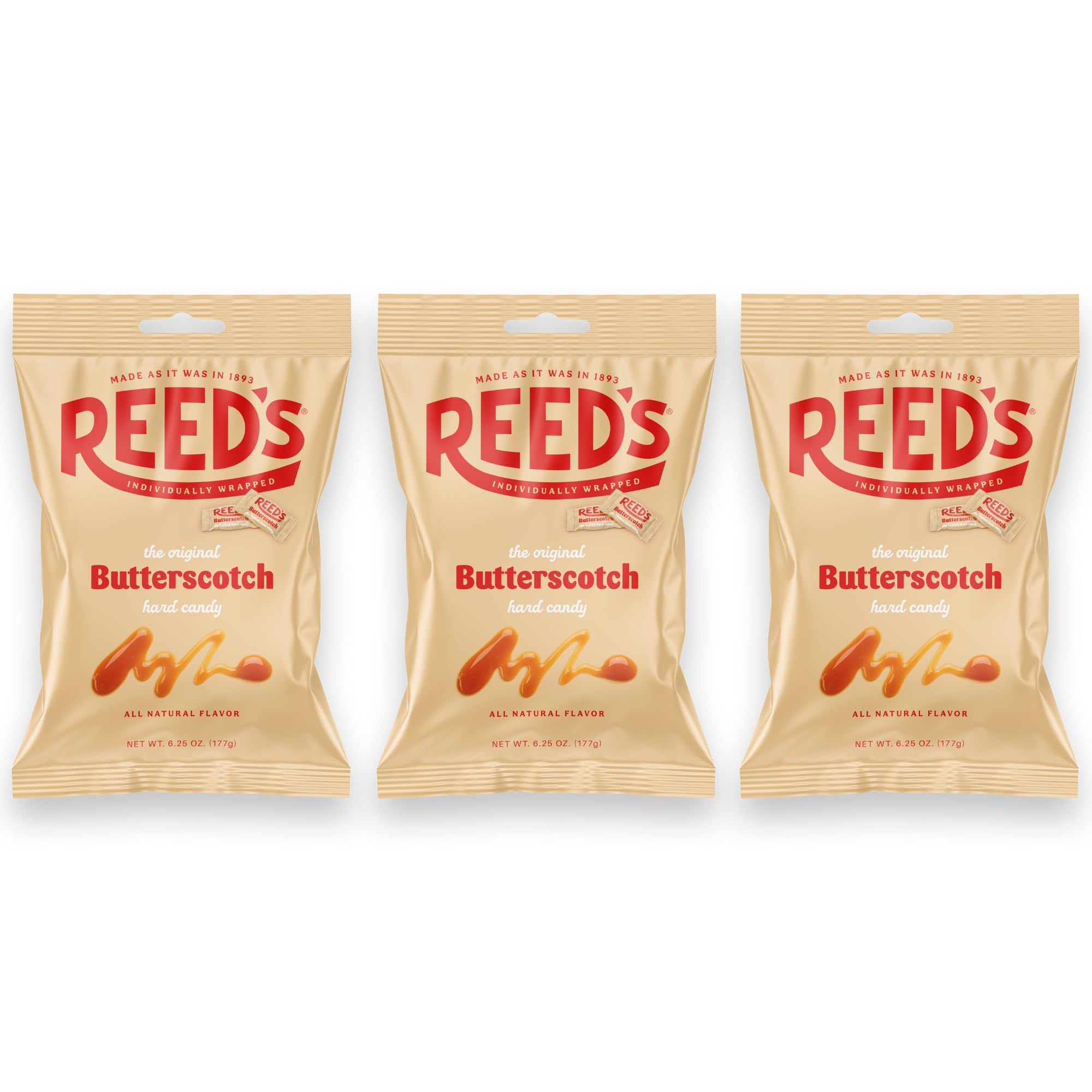 Reed’s butterscotch candy bag front shows a classic treat for sharing.