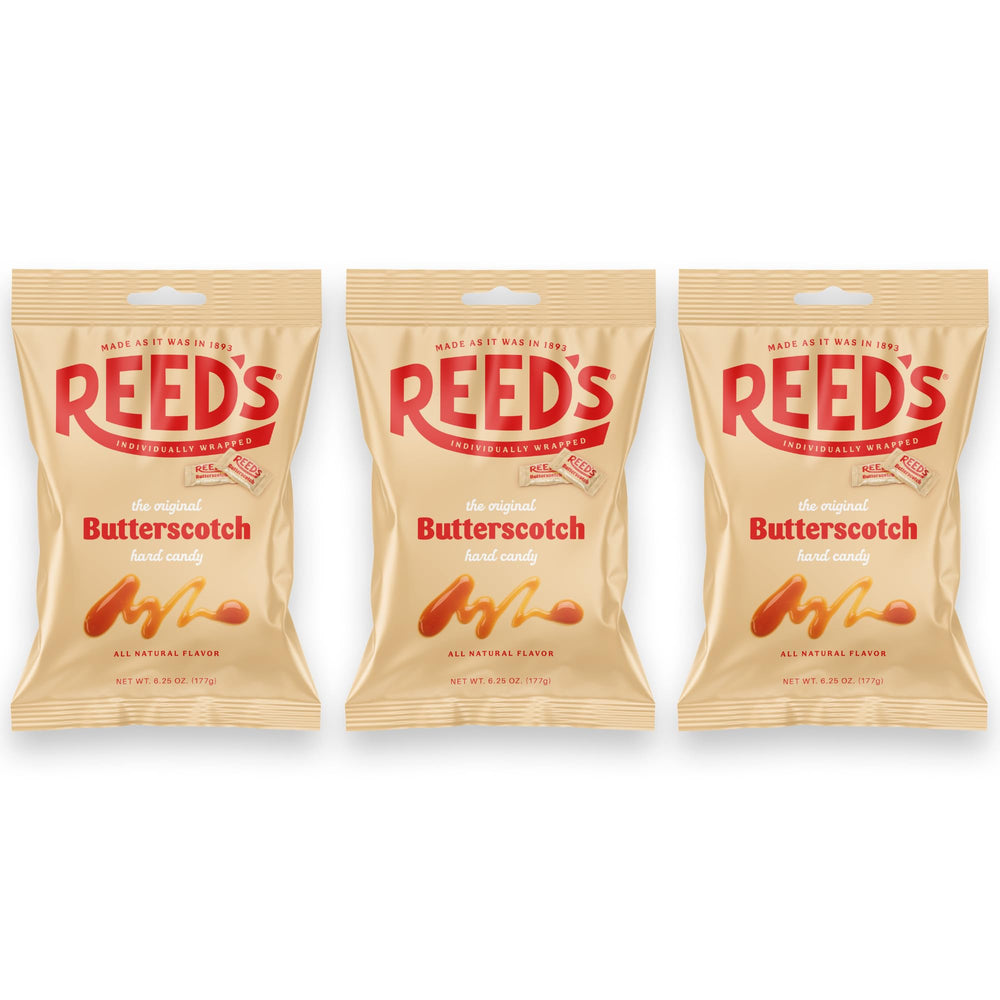 Reed’s butterscotch candy bag front shows a classic treat for sharing.