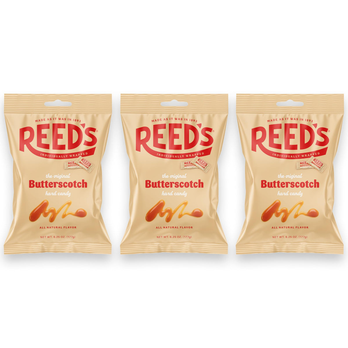 Reed’s butterscotch candy bag front shows a classic treat for sharing.