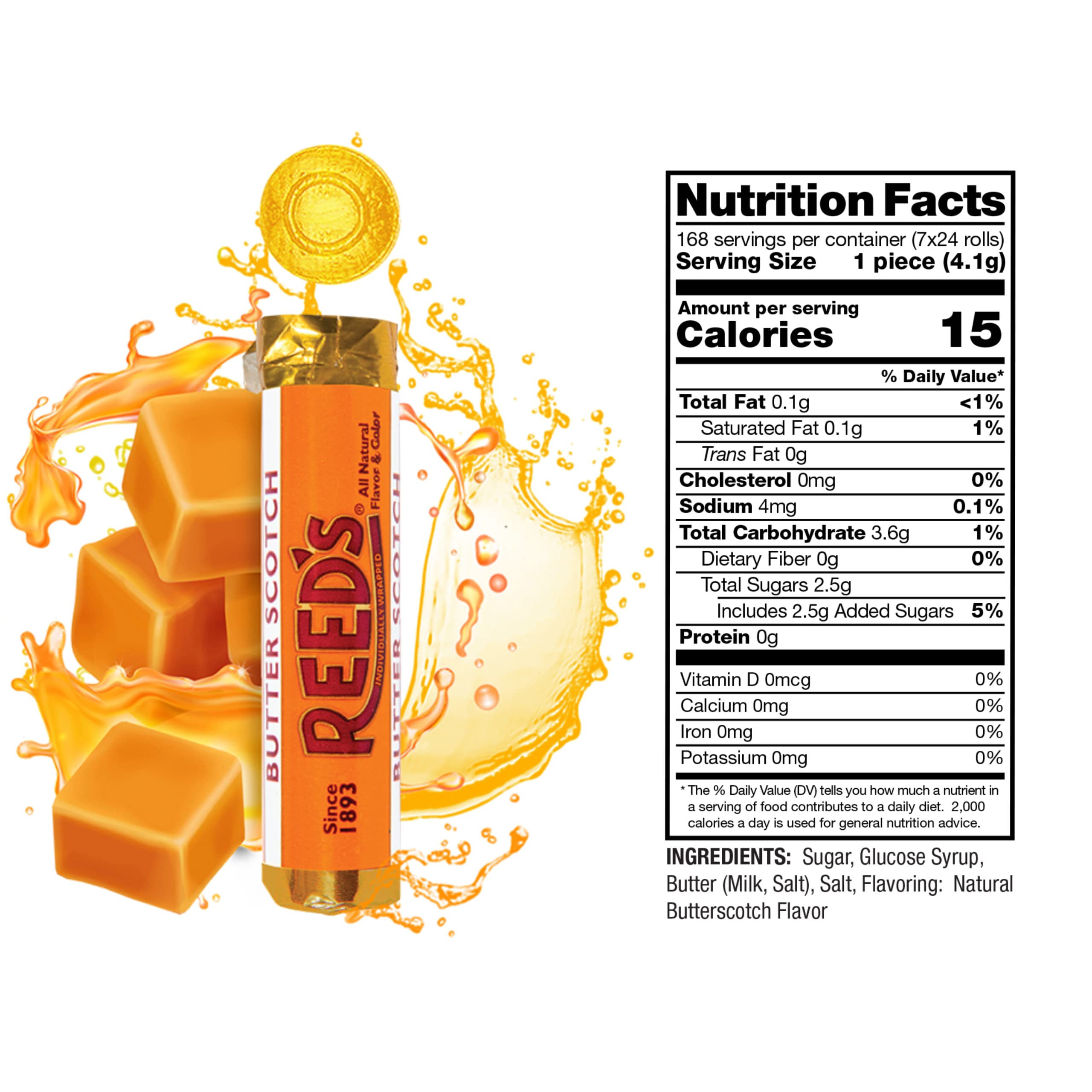 Reed’s butterscotch rolls feature seven individually wrapped pieces per roll for mess-free sharing.