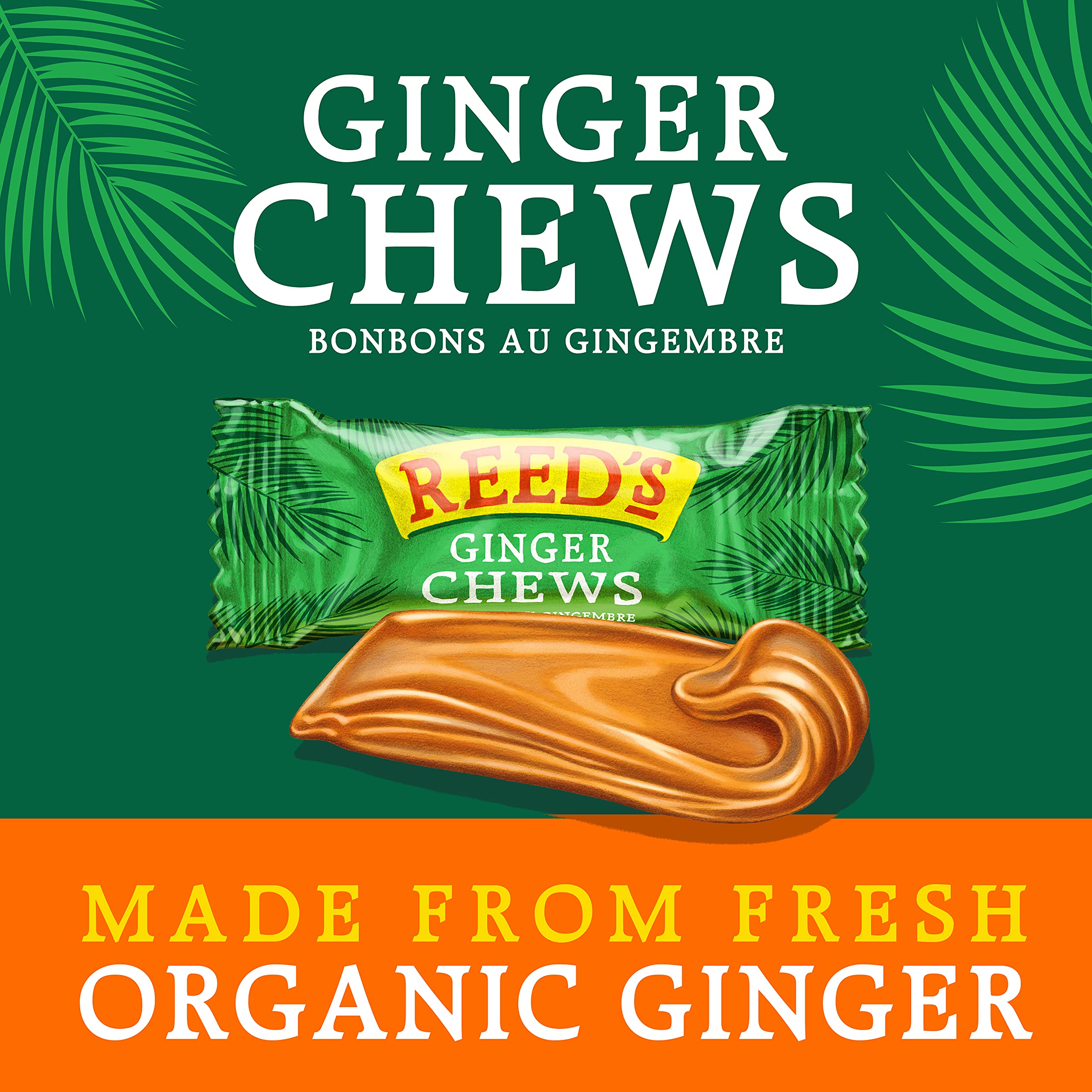 Reed's Ginger Candy Chews close-up texture illustrating chewy bite.