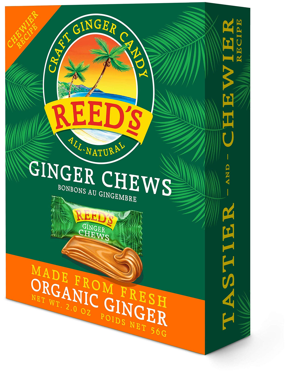 Reed's Ginger Candy Chews pack shot highlighting a convenient 2 oz pouch.
