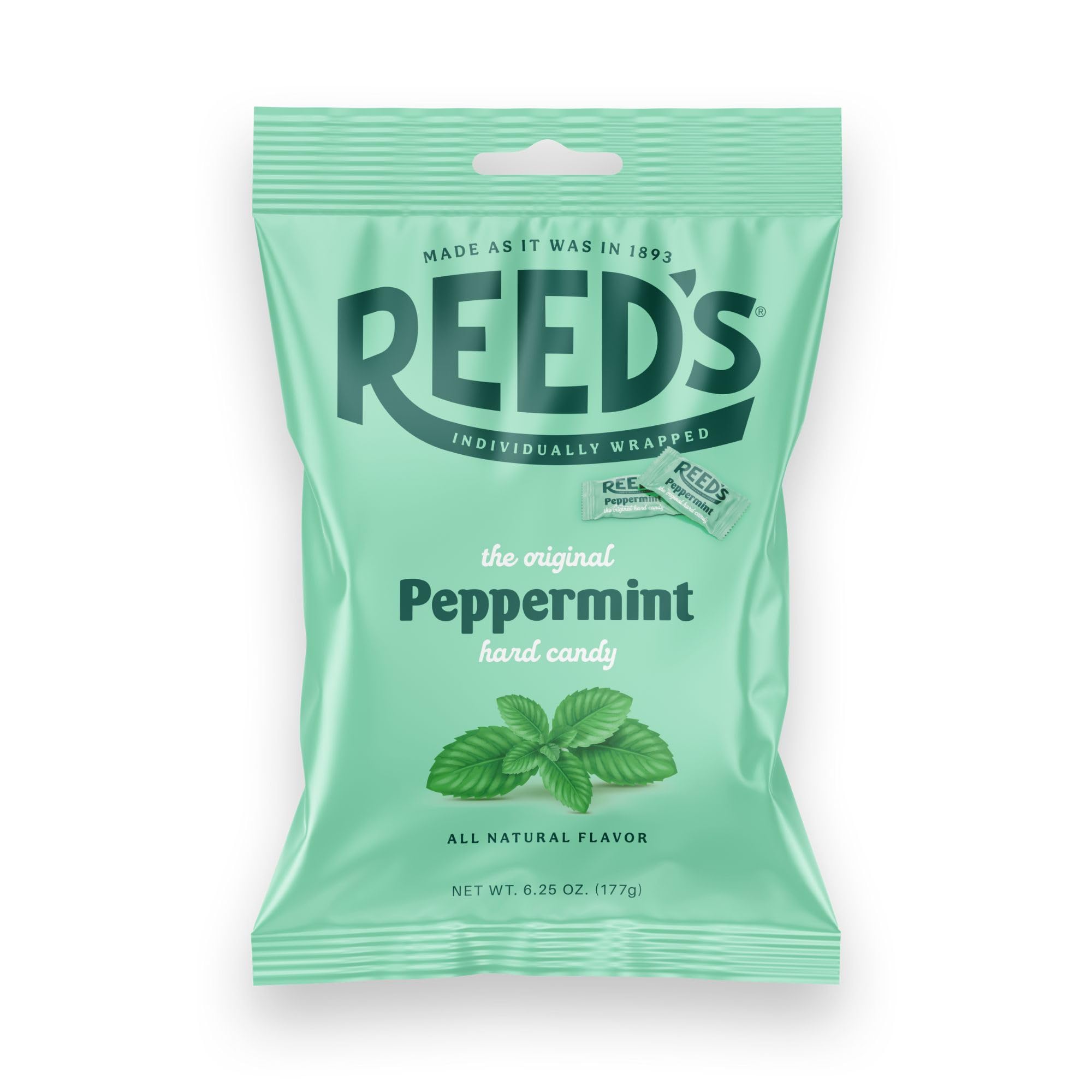 Reed's peppermint candy peg bag front view, showcasing individually wrapped mints with fresh, minty flavor.