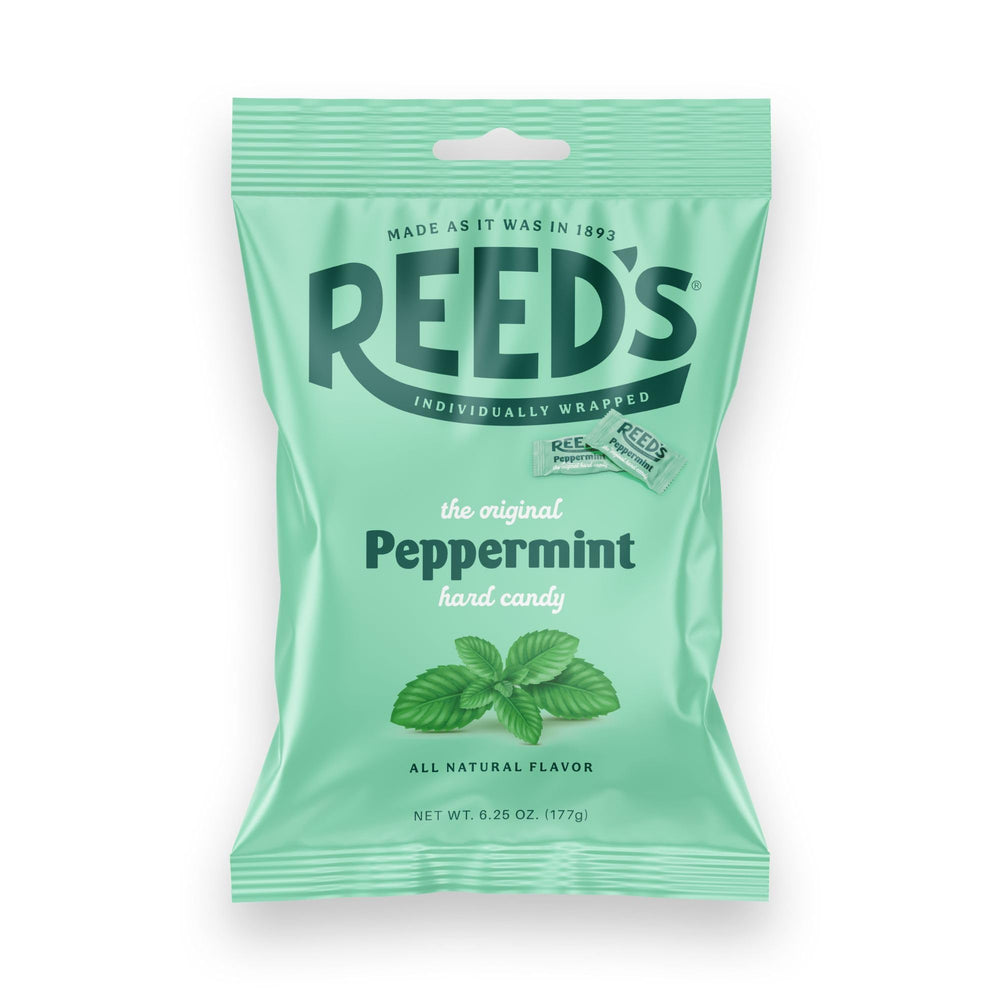 Reed's peppermint candy peg bag front view, showcasing individually wrapped mints with fresh, minty flavor.