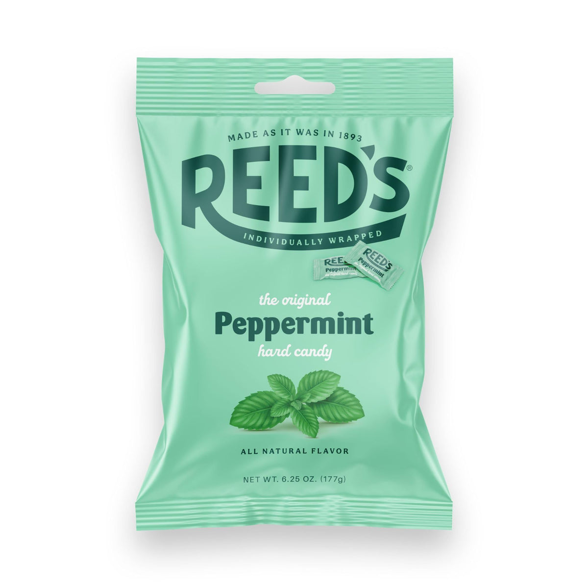Reed's peppermint candy peg bag front view, showcasing individually wrapped mints with fresh, minty flavor.