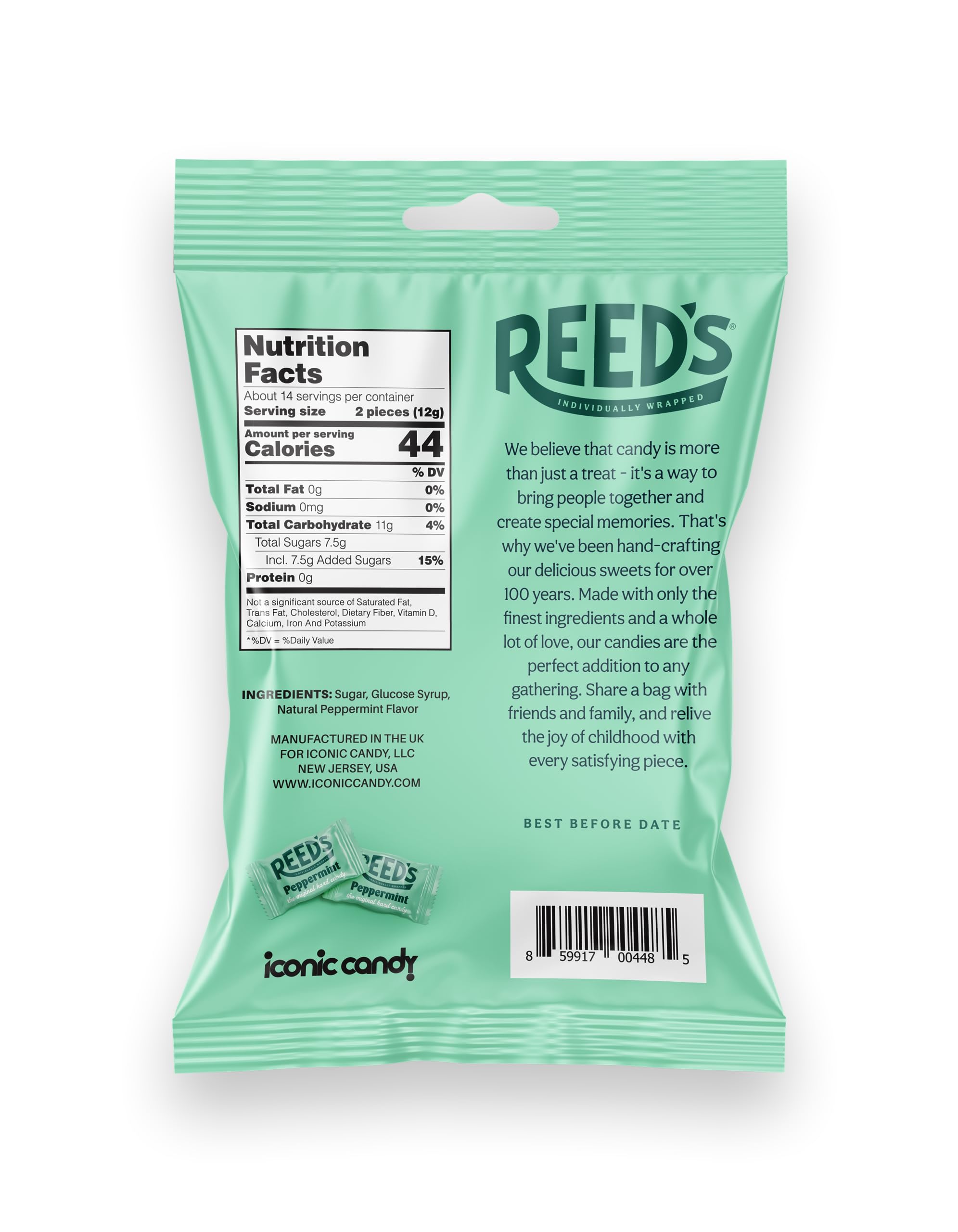 Reed's peg bag side view highlighting compact packaging for on-the-go minty refreshment.