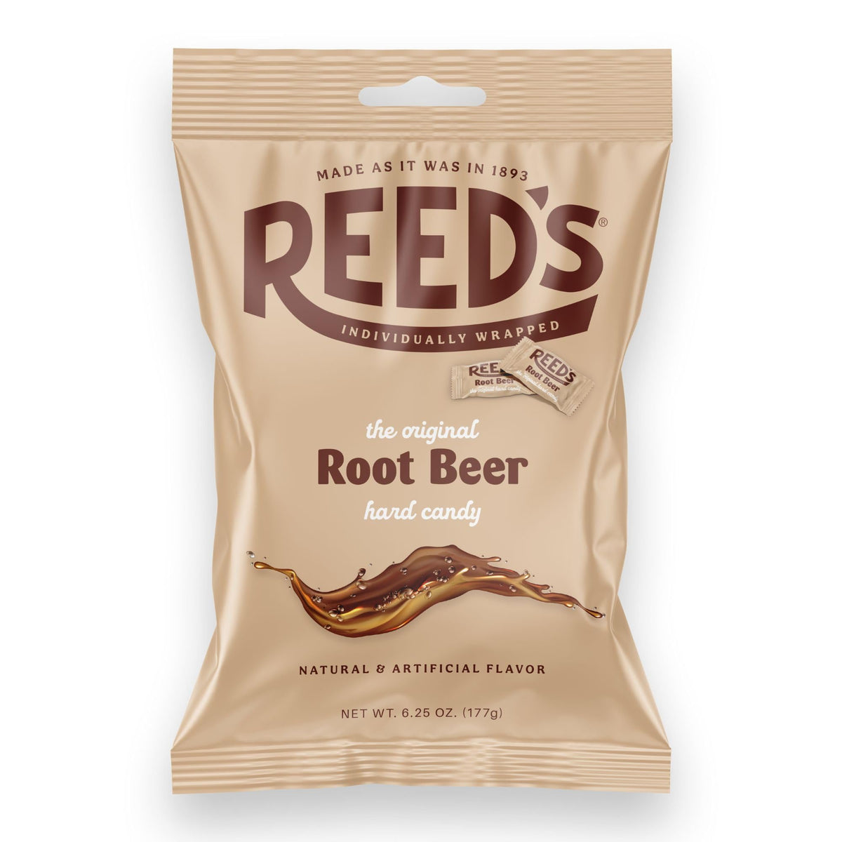 Reed's Root Beer Candy peg bag for on-the-go snacking.