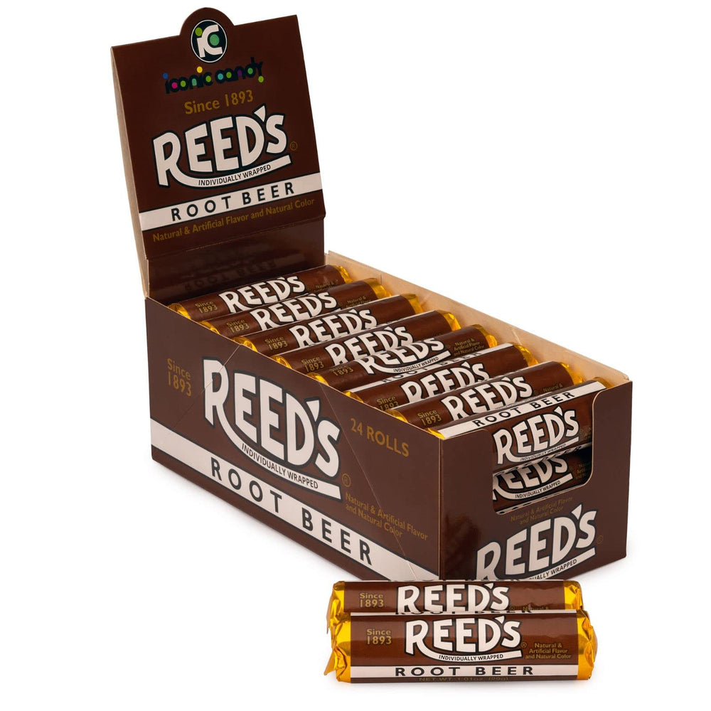 Reed's Root Beer Candy Rolls box, 24-count, ideal for sharing at home or office.