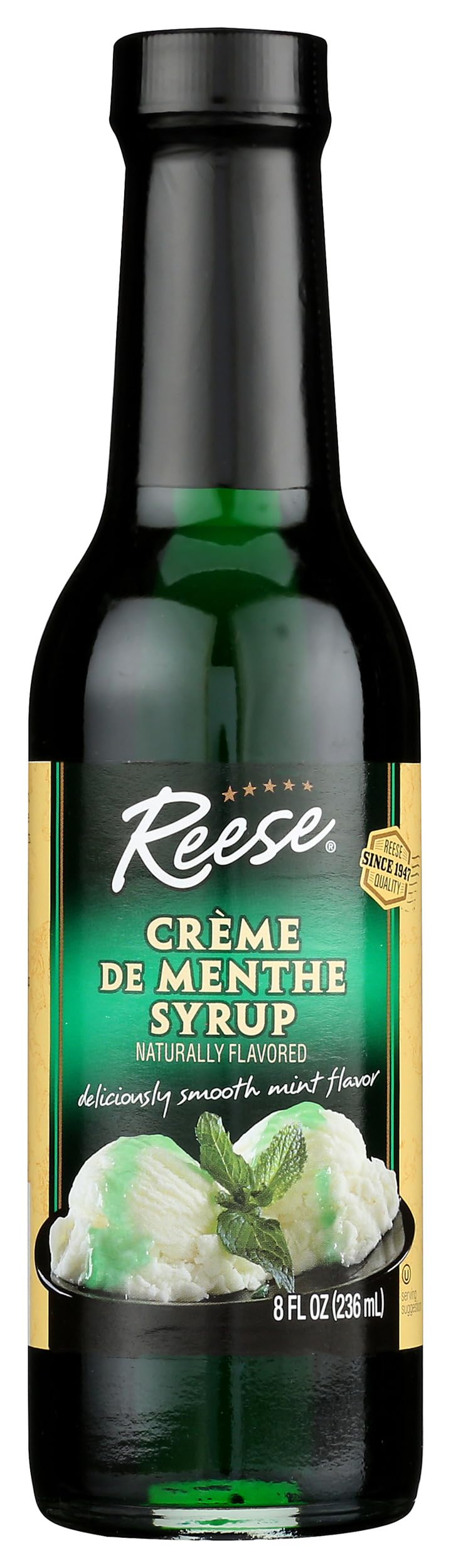 Reese Crème de Menthe Syrup bottle pouring mint flavor into a drink.