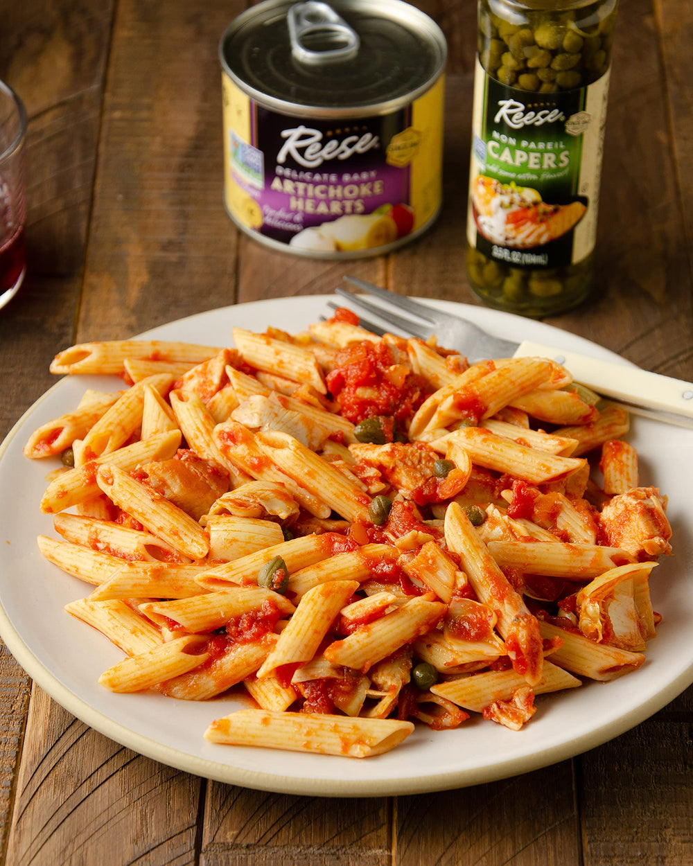Reese artichoke hearts tossed with pasta for gentle flavor