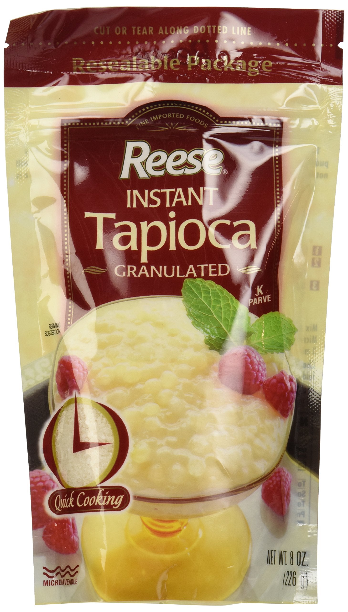 Reese granulated tapioca 8oz bag on shelf for pantry storage