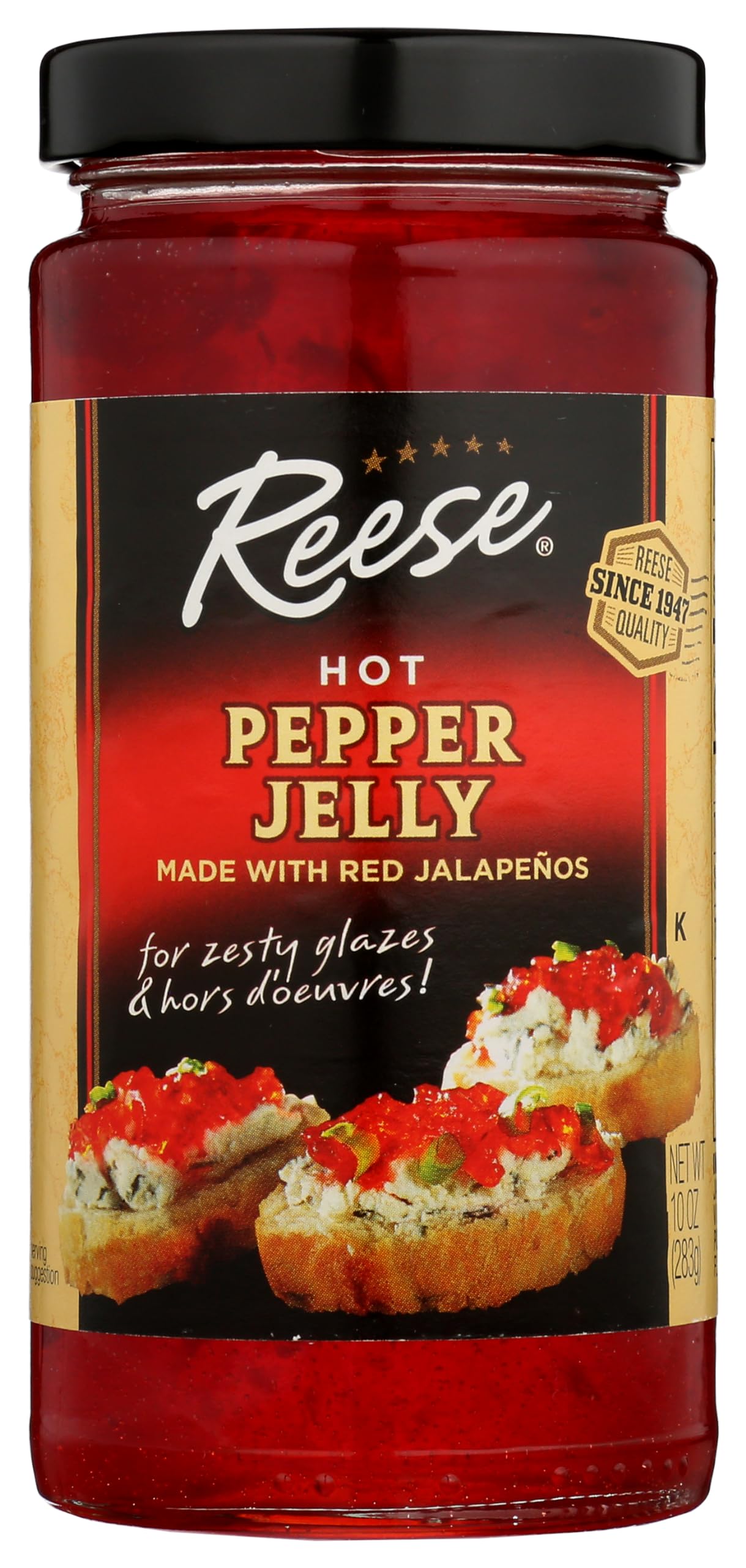 Reese hot pepper jelly jar front view, bold glaze for meats and appetizers.