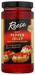 Reese hot pepper jelly jar front view, bold glaze for meats and appetizers.