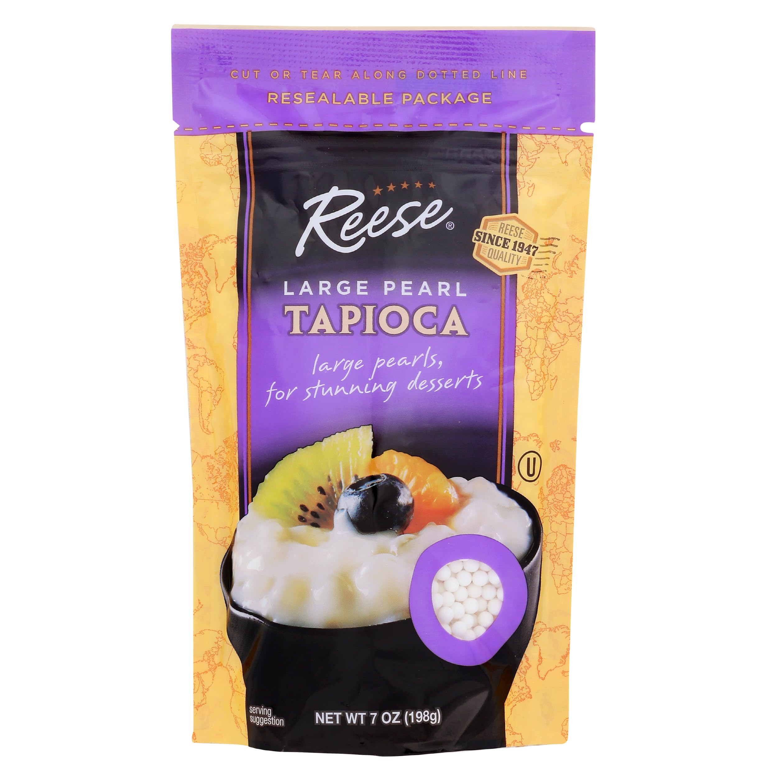 Reese Large Pearl Tapioca packaging close-up shows premium cassava pearls for desserts.