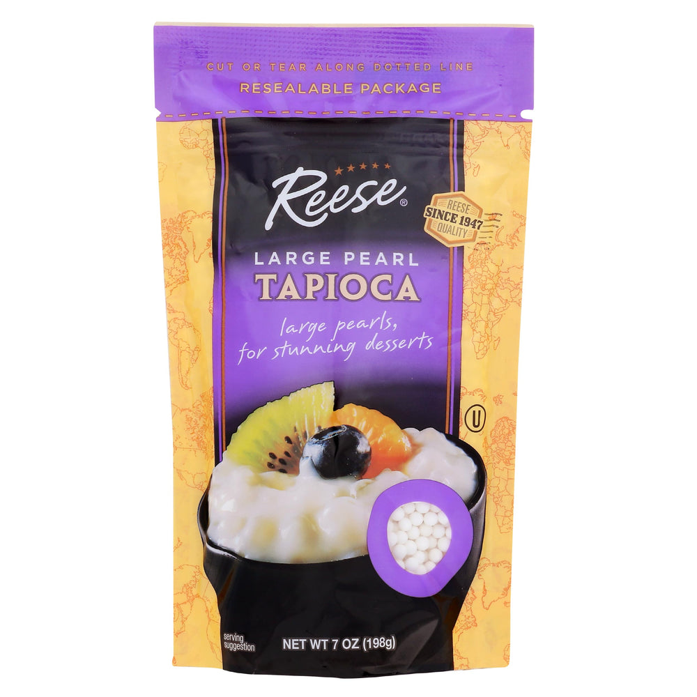 Reese Large Pearl Tapioca packaging close-up shows premium cassava pearls for desserts.