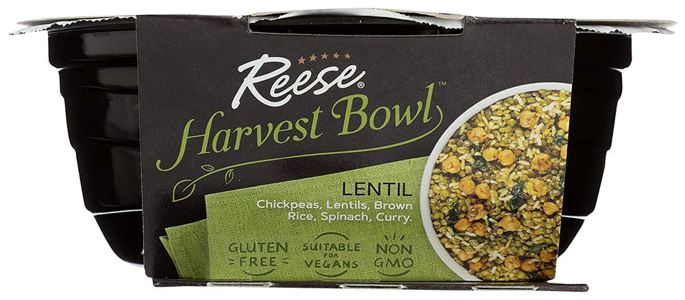 Gluten-free and vegan-friendly Reese Lentil Harvest Bowl on a clean product shot.