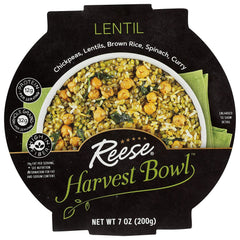 Reese Lentil Harvest Bowl ingredients close-up showing chickpeas, lentils, and brown rice for a hearty plant-based meal.