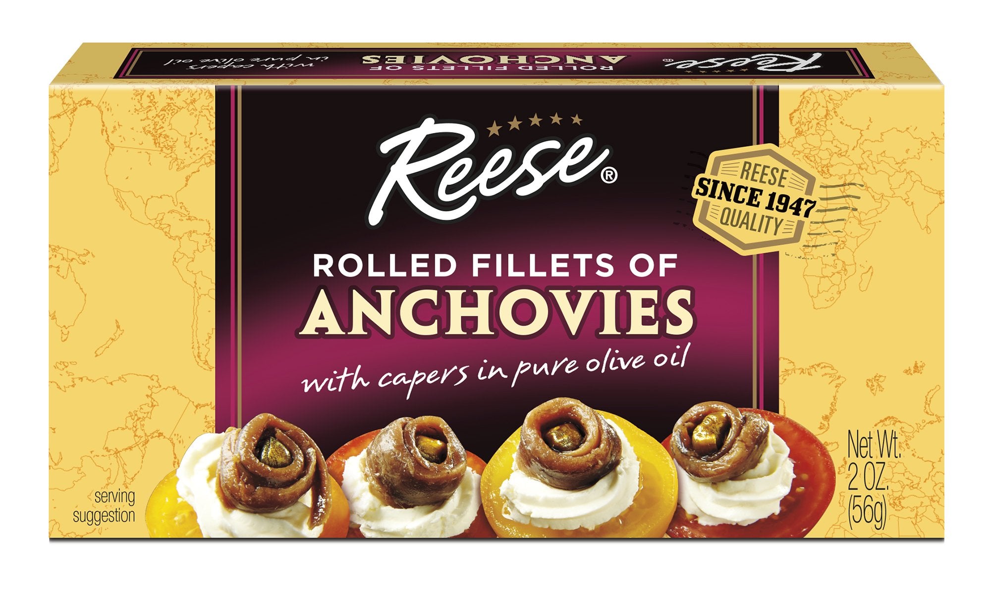 Reese rolled anchovies in olive oil with capers, ideal for Caesar dressing.