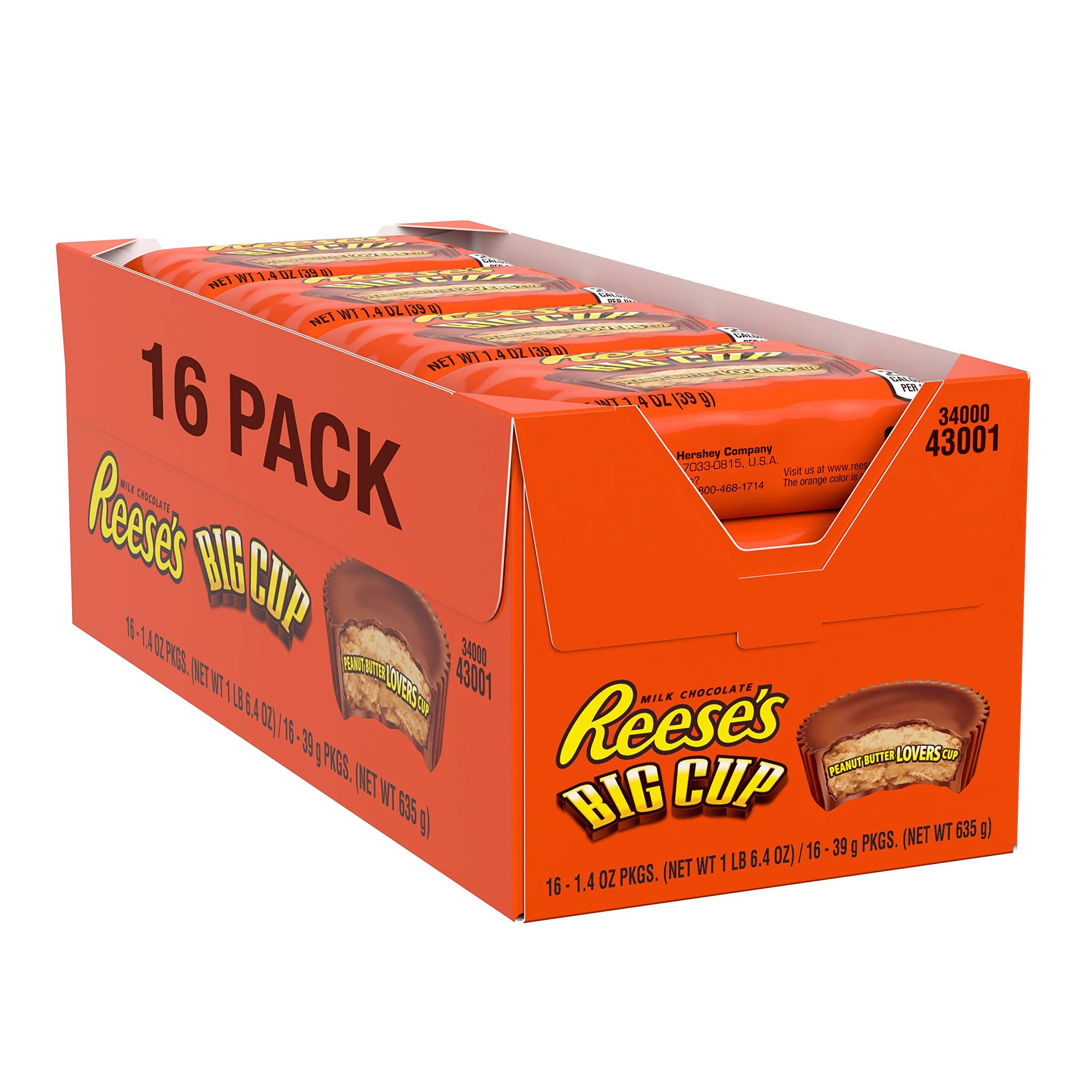 Reese's Big Cup 16-pack back view, shows individually wrapped portions for easy travel