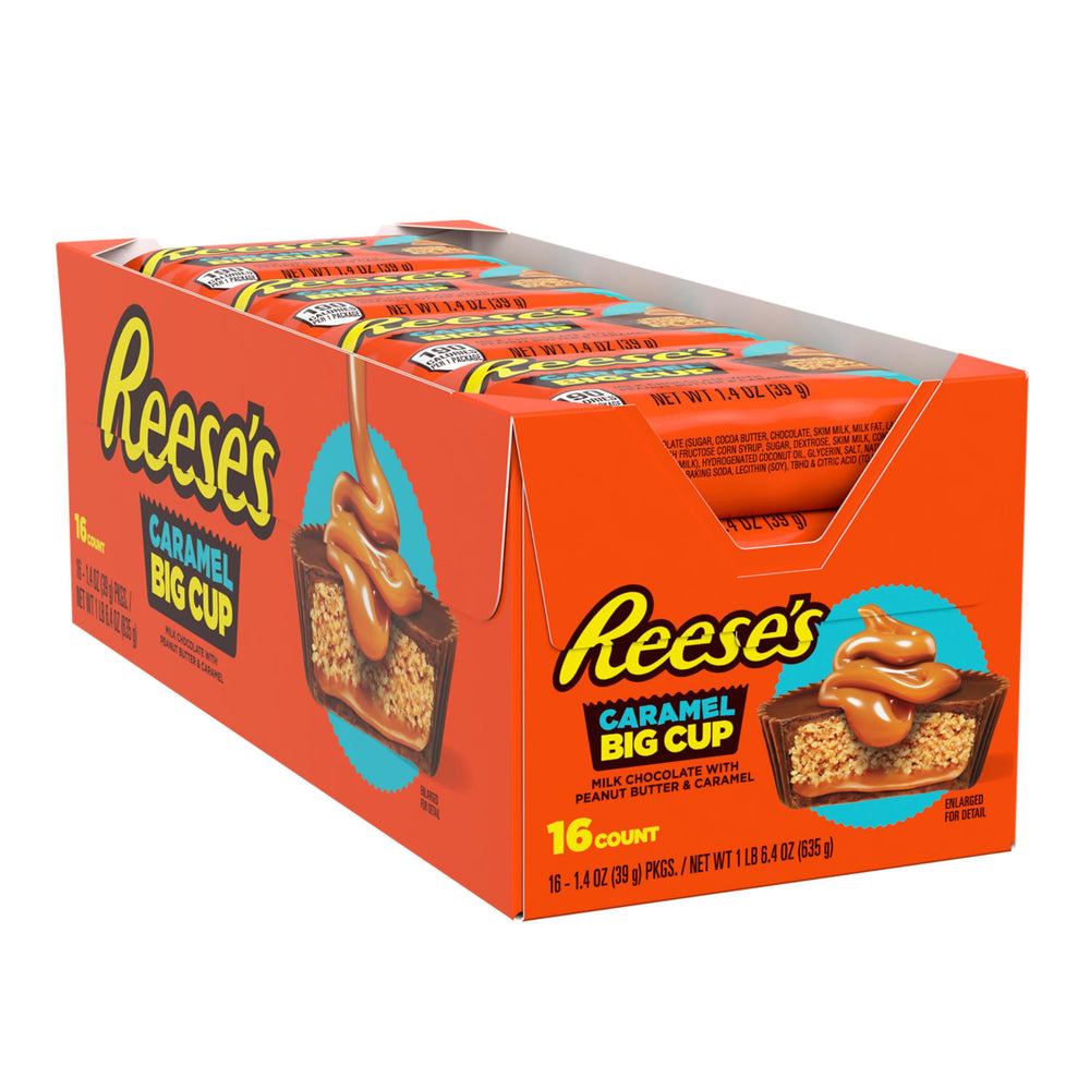 Close-up of Reese's Big Cup caramel with milk chocolate and peanut butter