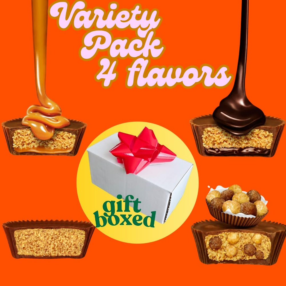 Reese's Big Cup four-flavor display with caramel, lava, puff chocolate, peanut butter