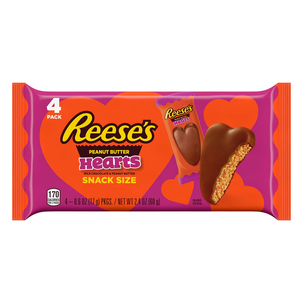 Reese's chocolate peanut butter hearts (2-4 oz) on a festive plate for sharing.
