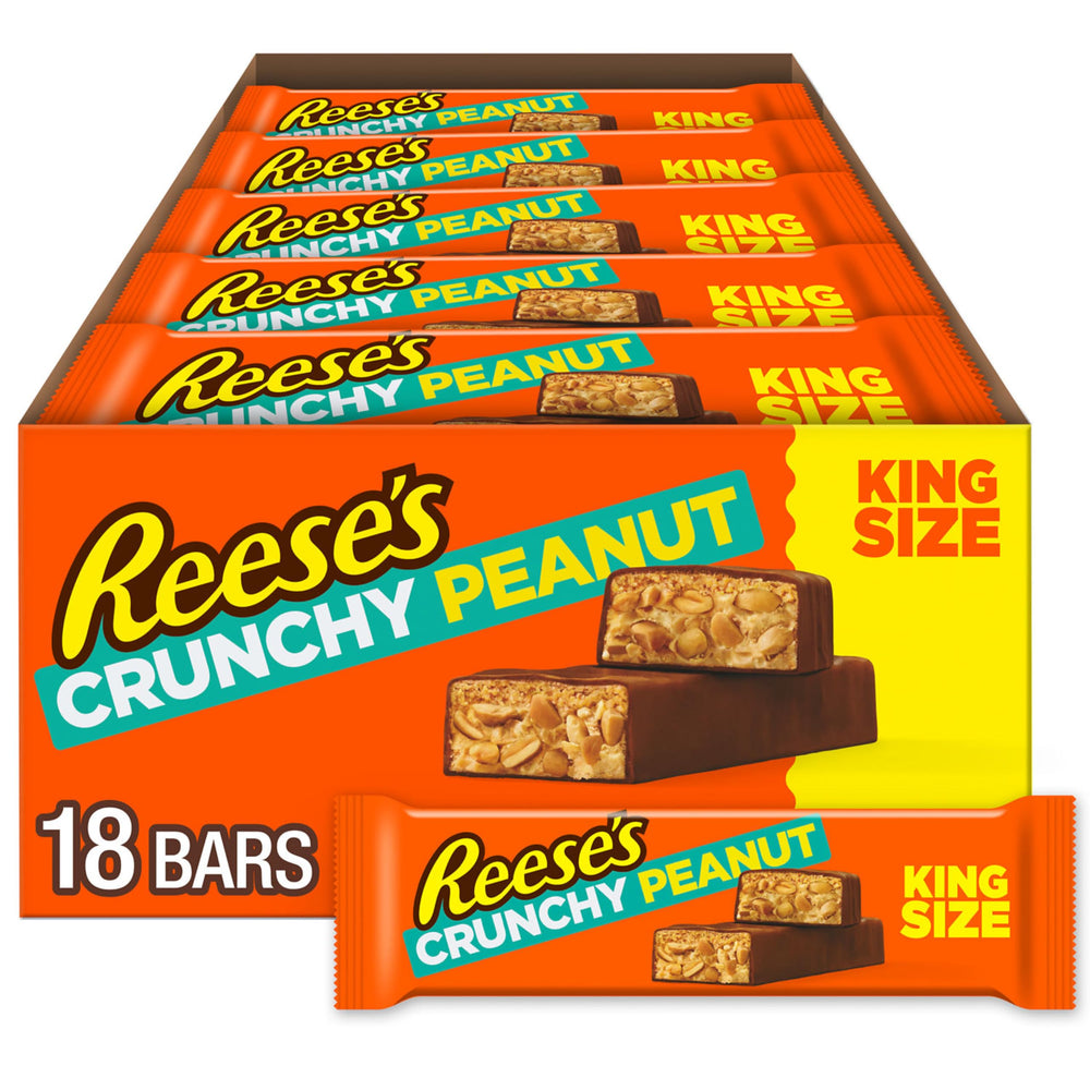 Reese's Crunchy Peanut Bars bulk box on pantry shelf for quick office snacking.