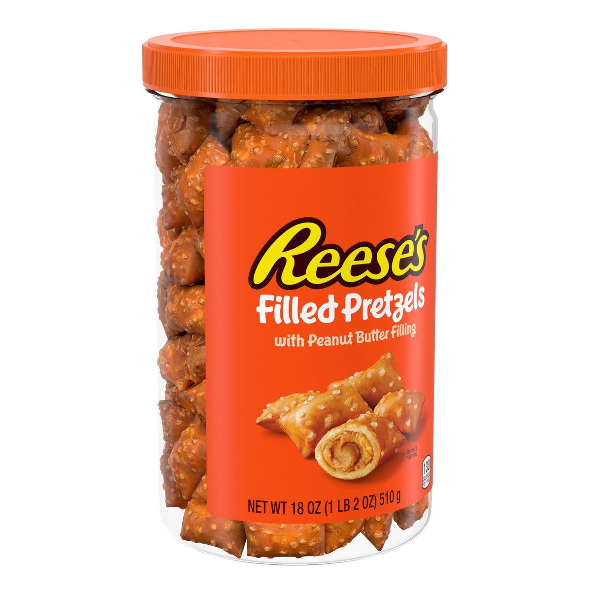 Reese's filled pretzels in a jar, convenient snack option.