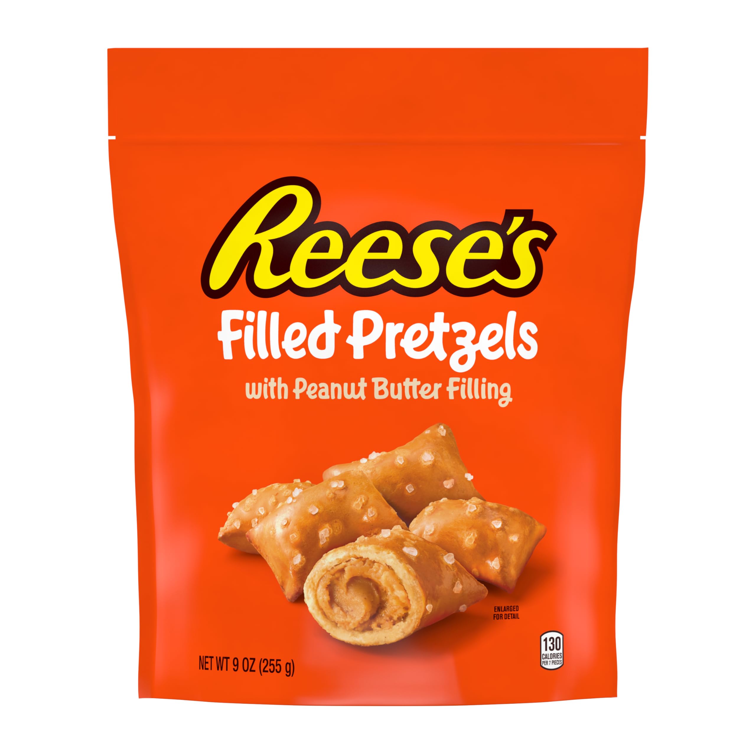 Reese's Filled Pretzels peanut butter nuggets sit on a crunchy pretzel bite for a portable snack.
