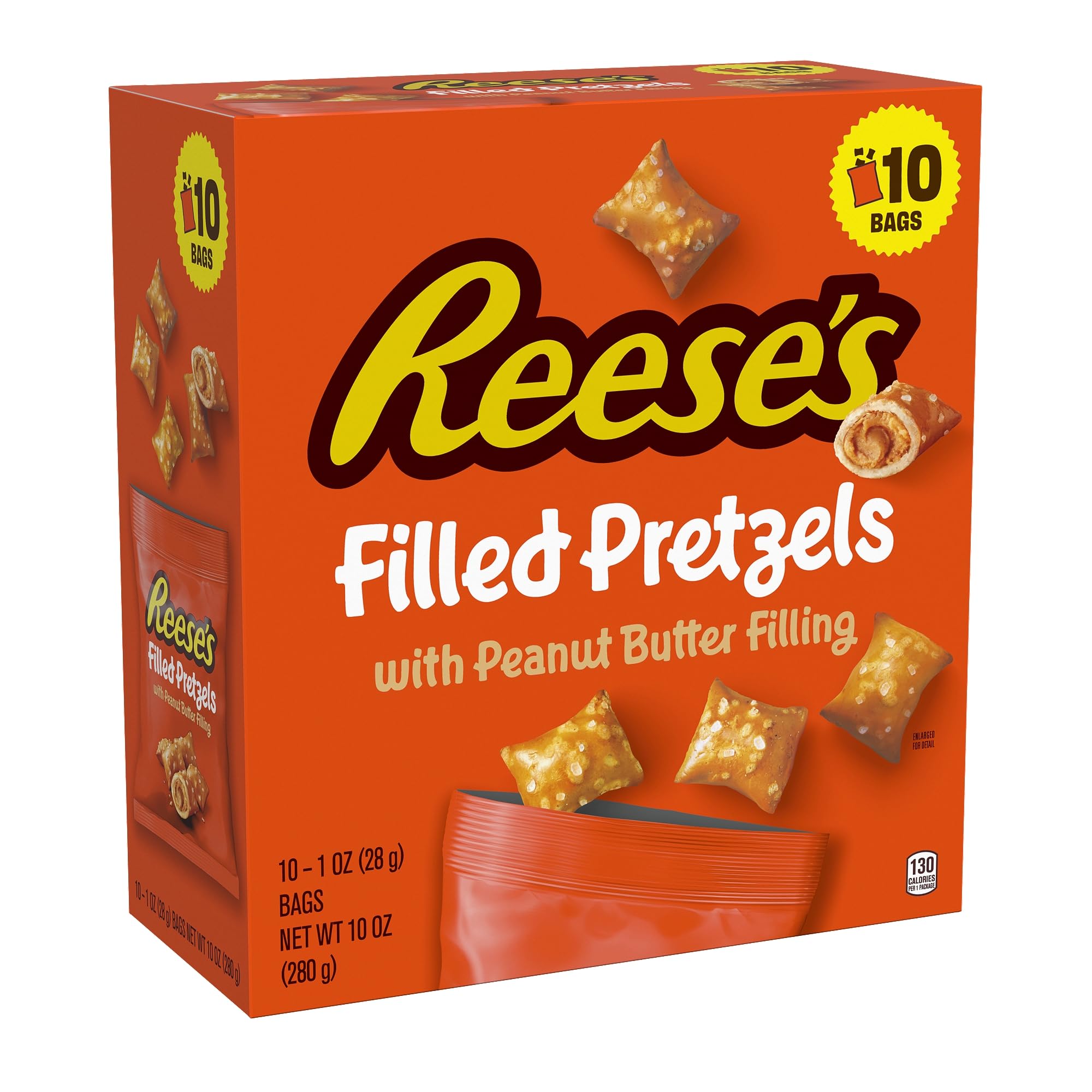 Reese's Filled Pretzels pretzel-shell closeup, crispy texture with creamy peanut butter filling for a tasty snack.