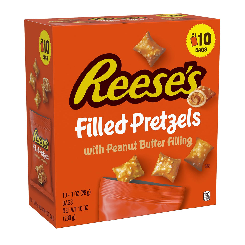 Reese's Filled Pretzels pretzel-shell closeup, crispy texture with creamy peanut butter filling for a tasty snack.