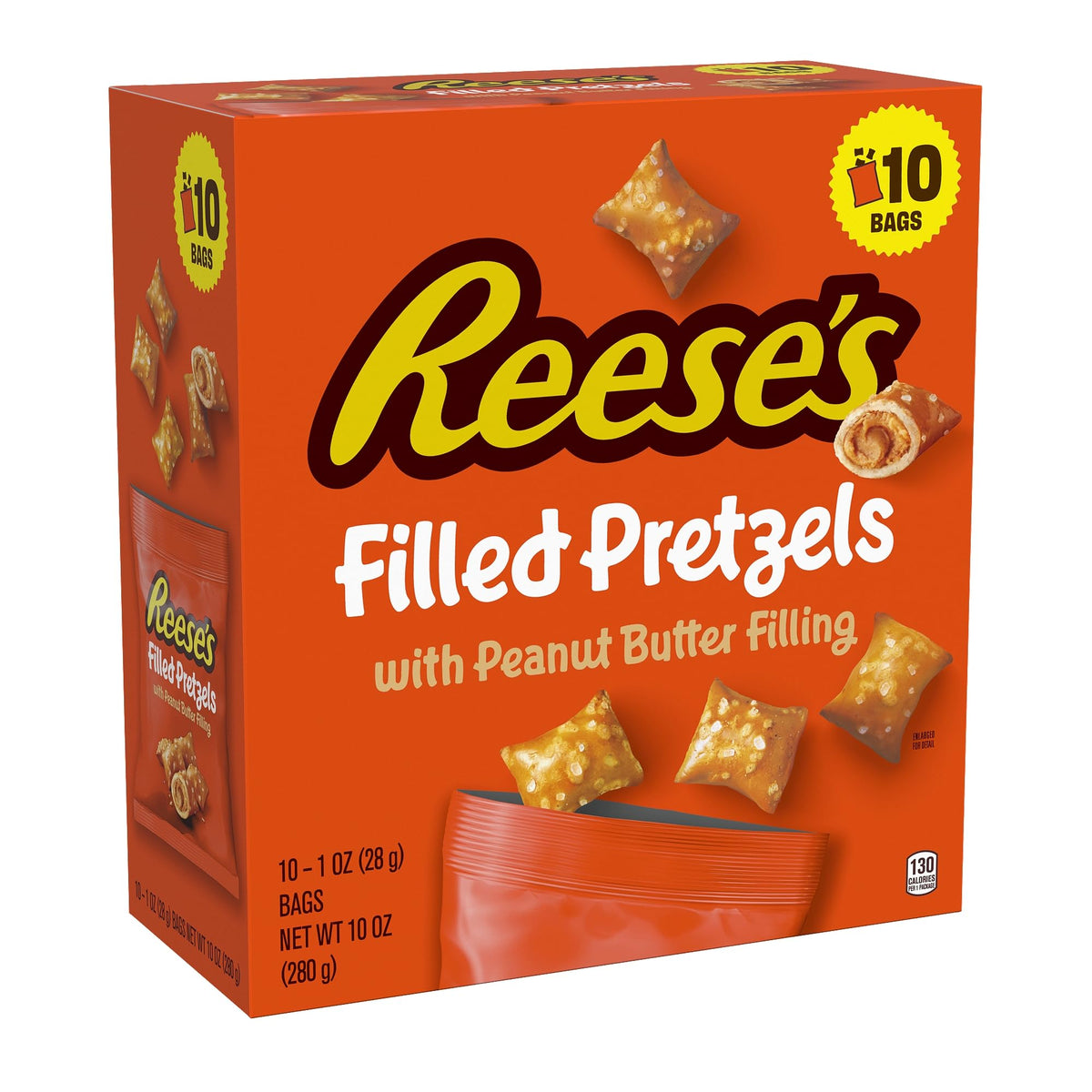 Reese's Filled Pretzels pretzel-shell closeup, crispy texture with creamy peanut butter filling for a tasty snack.