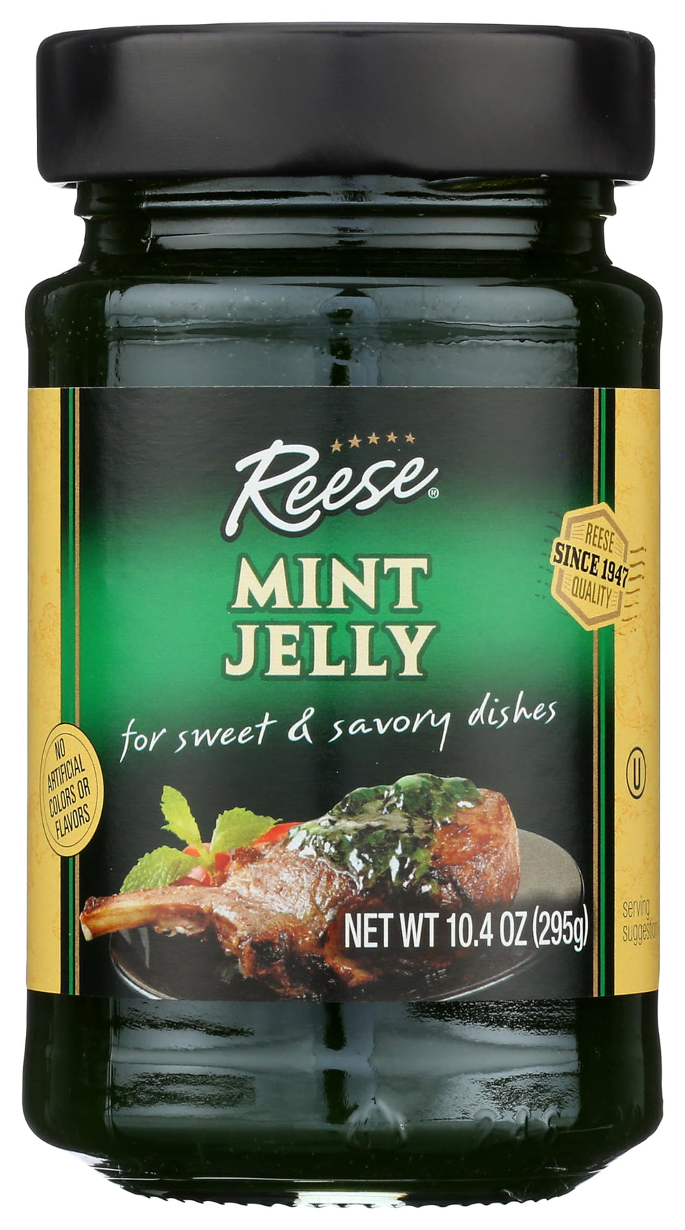 Reese Mint Jelly bottle with vibrant green color, perfect for toppings