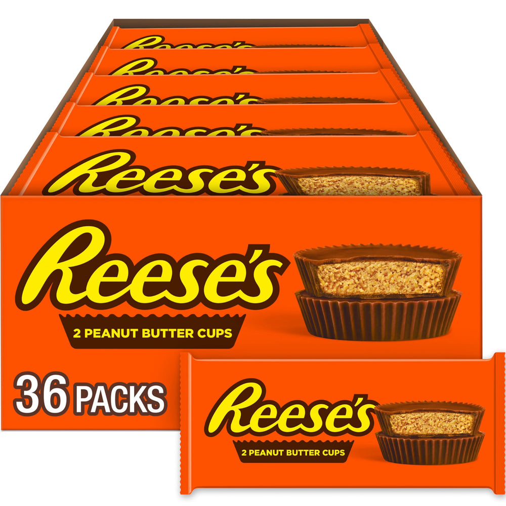 REESE'S milk chocolate peanut butter cups 36-pack box front, ideal for sharing at events.
