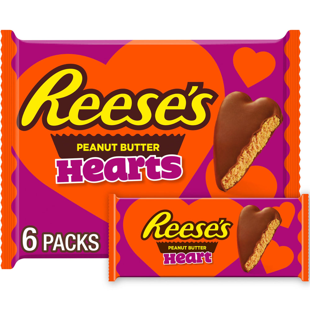 Reese's milk chocolate peanut butter hearts 6-pack front view, ideal for gifting on Valentine’s Day.