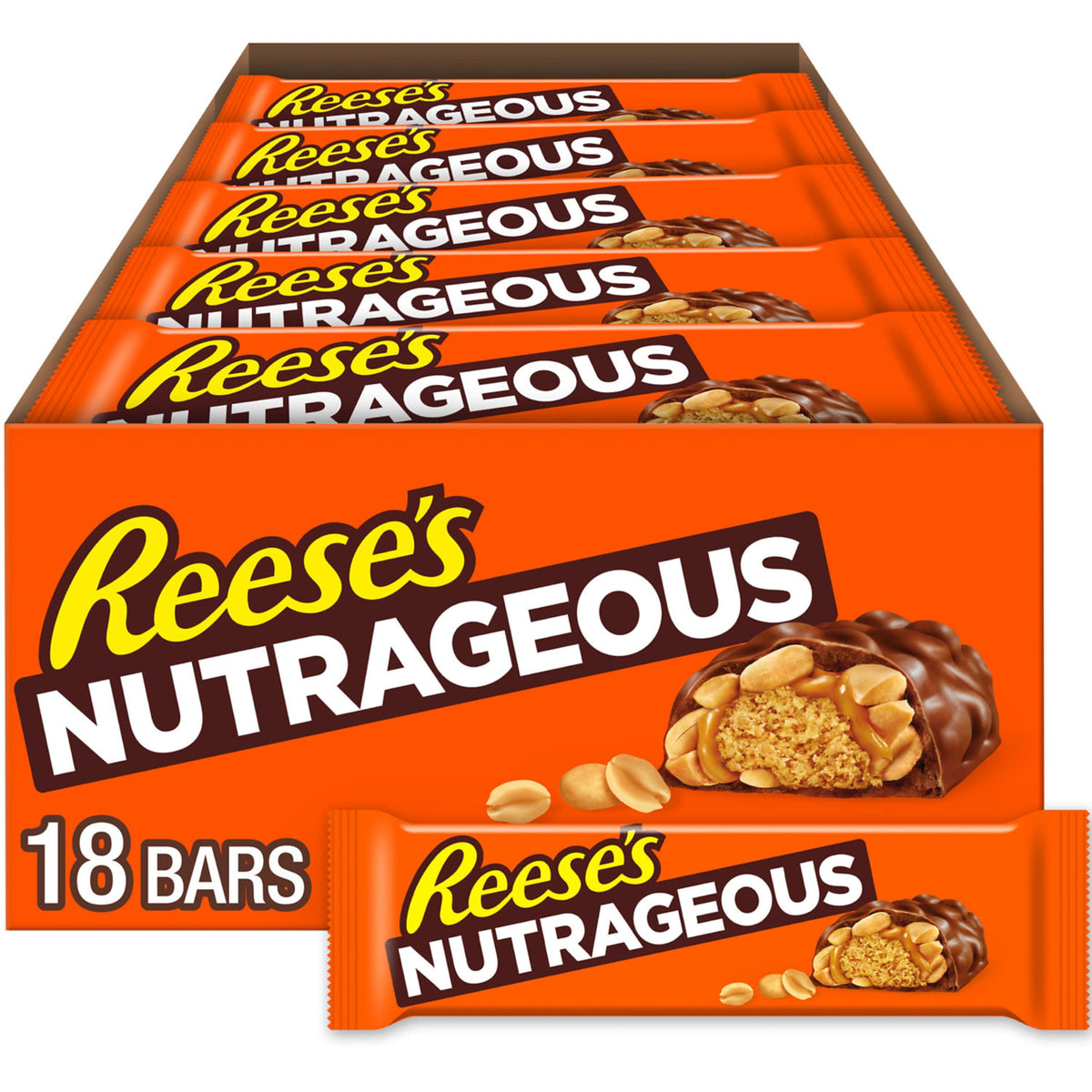 REESE'S NUTRAGEOUS bar closeup with chocolate, peanut butter, and caramel for a snack