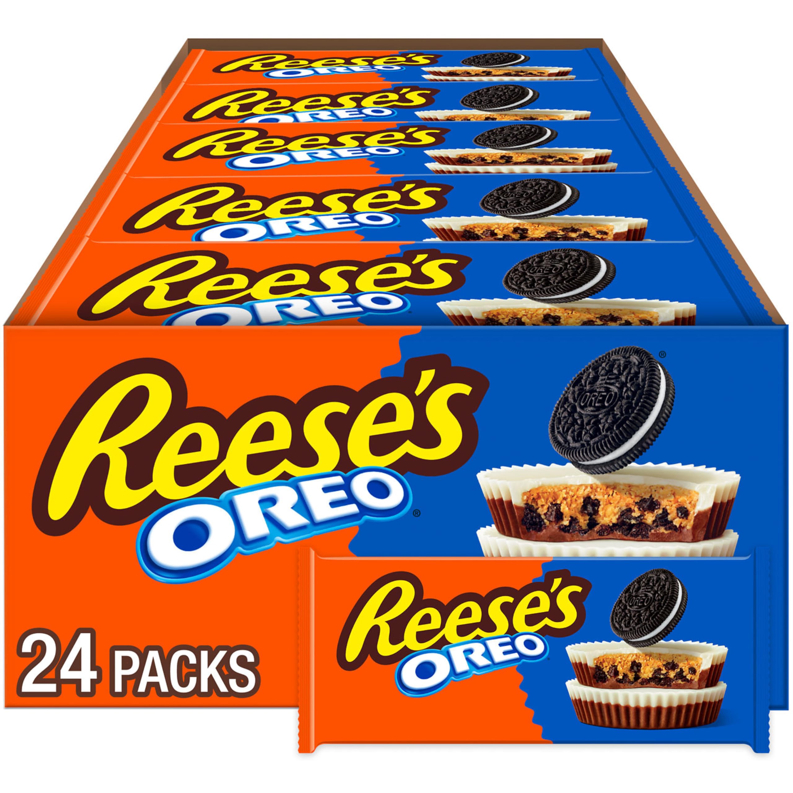 Reese's Oreo Cups 24-pack front view, ideal for party display and bulk snacking