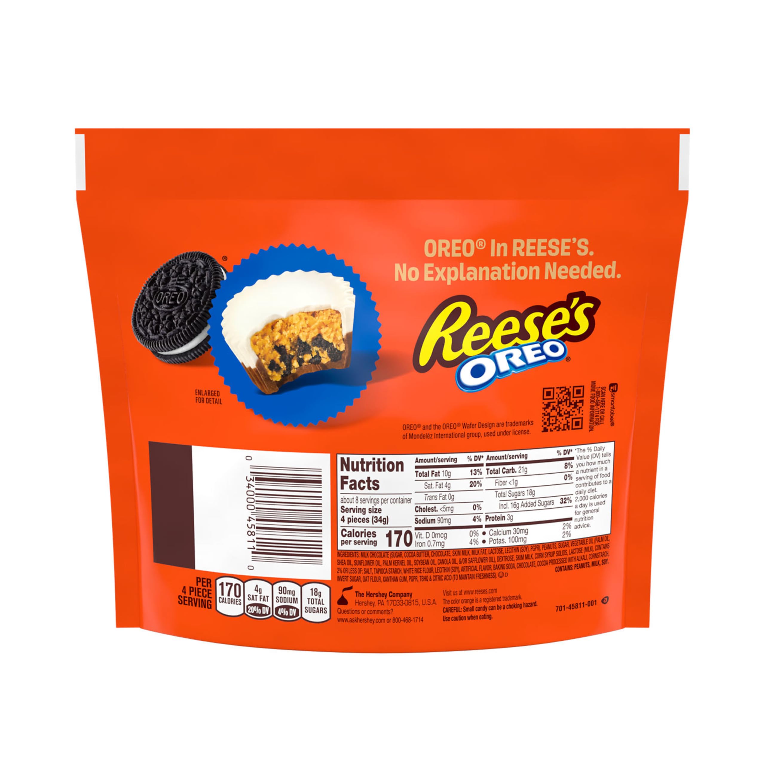 Reese's OREO Miniatures milk chocolate and white creme close-up, creamy and crunchy.
